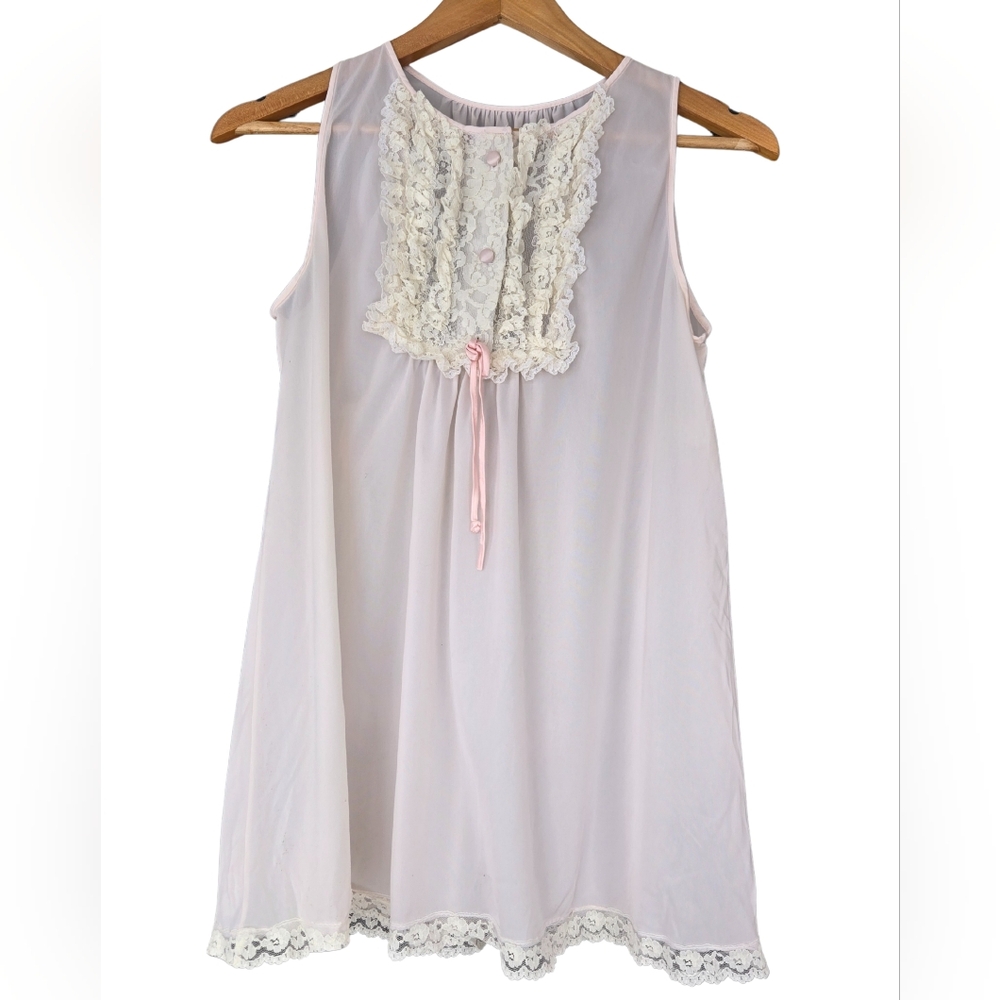 Vintage Button Down Ribbon Bow Lace Silky Lingerie Nighty Babydoll Slip Blouse